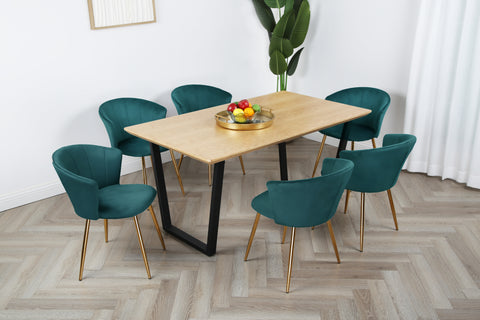 Mill Dining Set - Oak Table with 6 Velvet Chairs