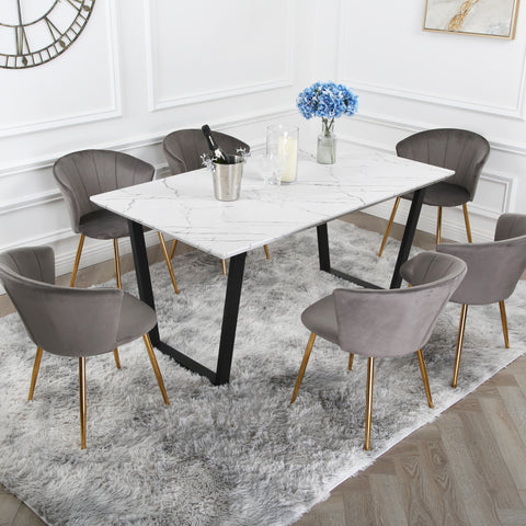 Mill Dining Set - Marble Table with 6 Velvet Chairs