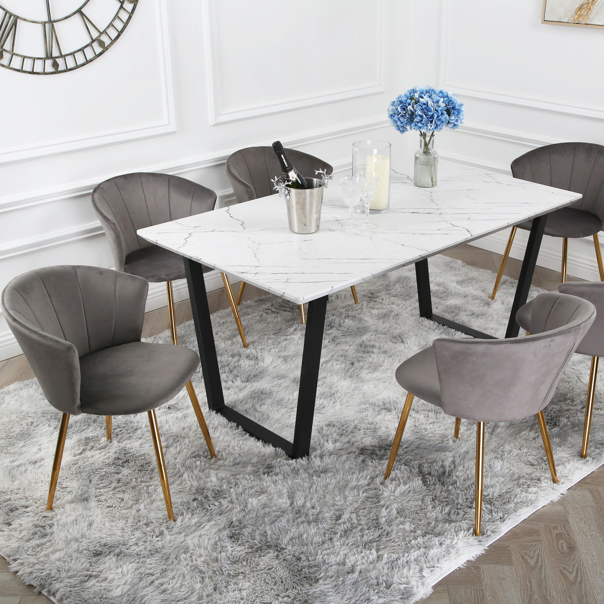 Mill Dining Set - Marble Table with 6 Velvet Chairs