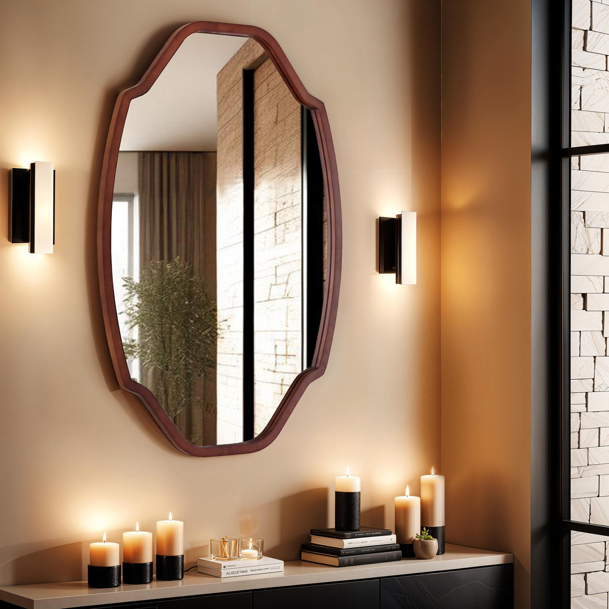 Garda - Irregular Mirror with Walnut Frame - 60x90cm