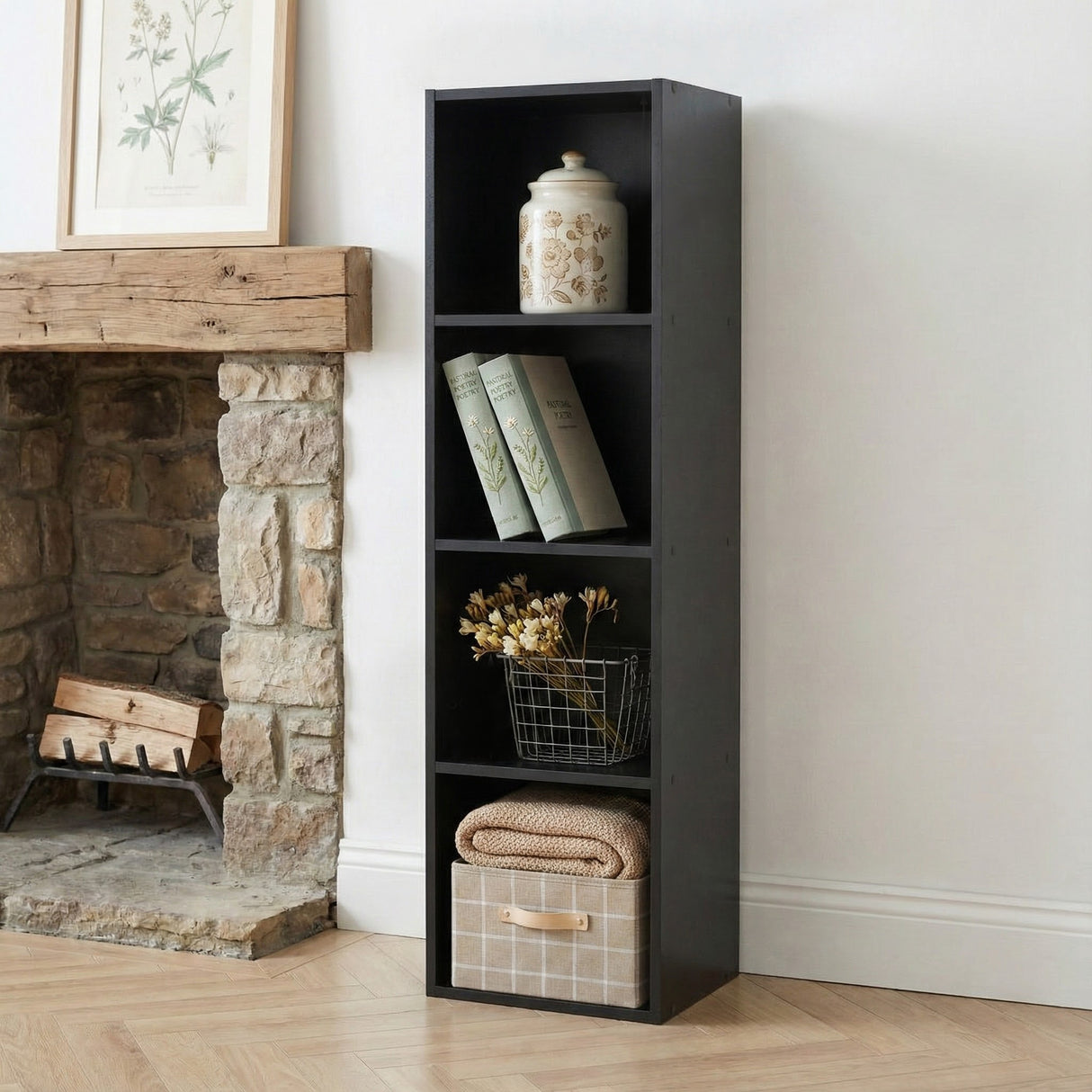 Jane 4-Cube Bookcase – Cube Storage Unit with Boxes (Black or Oak)