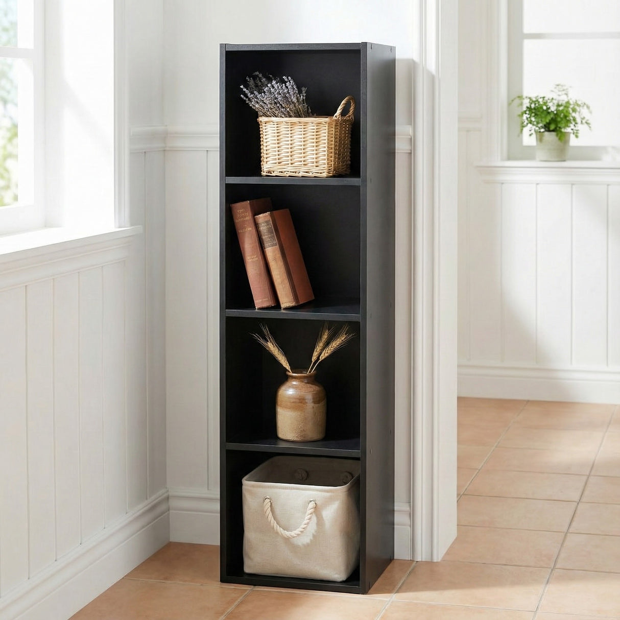 Jane 4-Cube Bookcase – Cube Storage Unit with Boxes (Black or Oak)