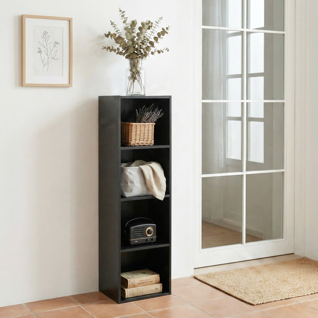 Jane 4-Cube Bookcase – Cube Storage Unit with Boxes (Black or Oak)