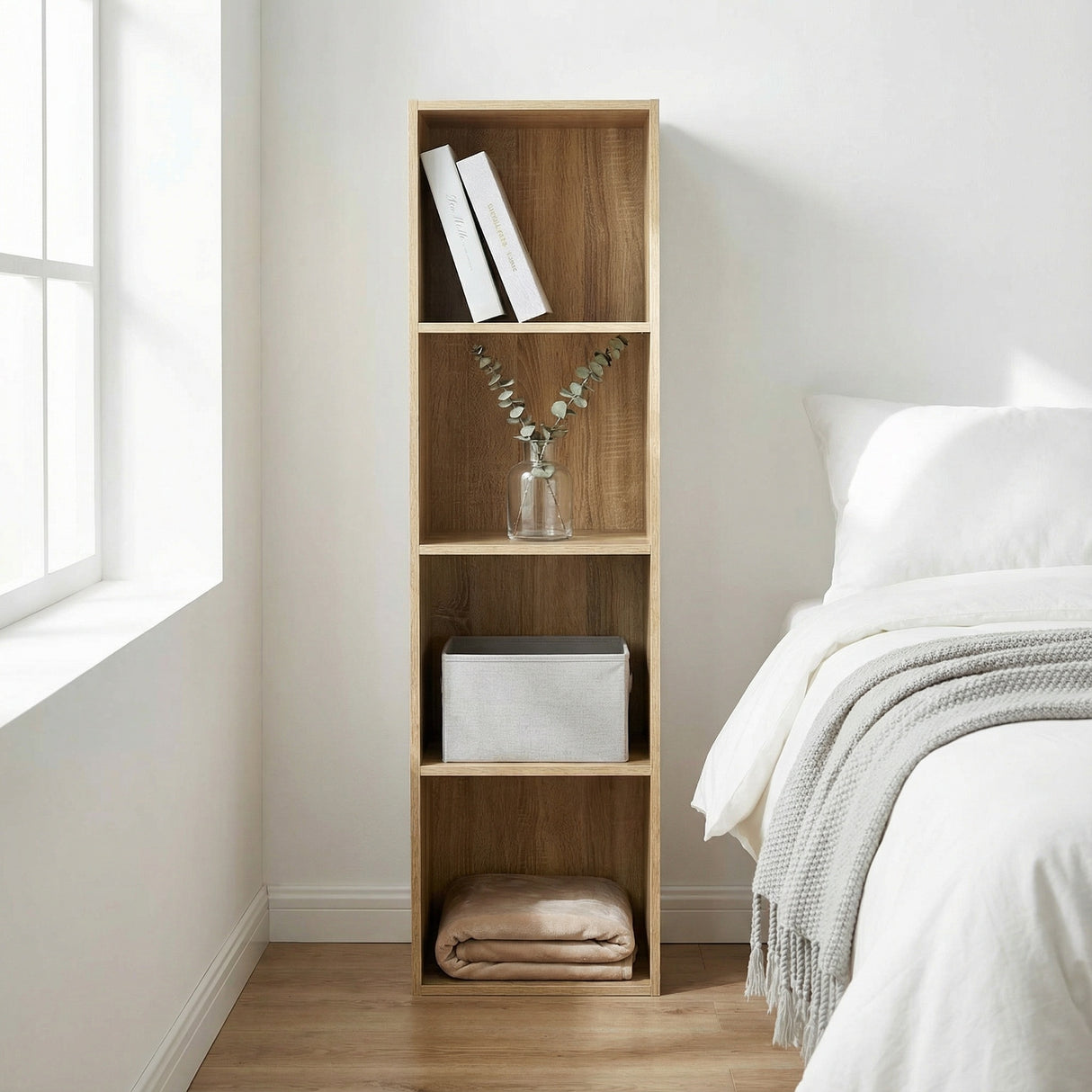 Jane 4-Cube Bookcase – Cube Storage Unit with Boxes (Black or Oak)
