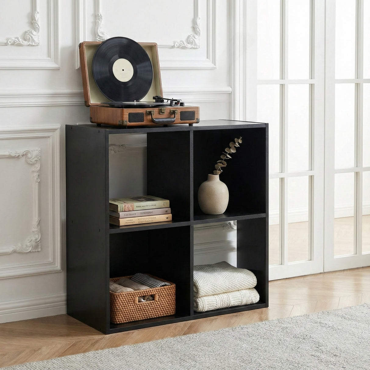 Jane 2x2 Cube Storage Bookcase with Storage Boxes – Black or Oak