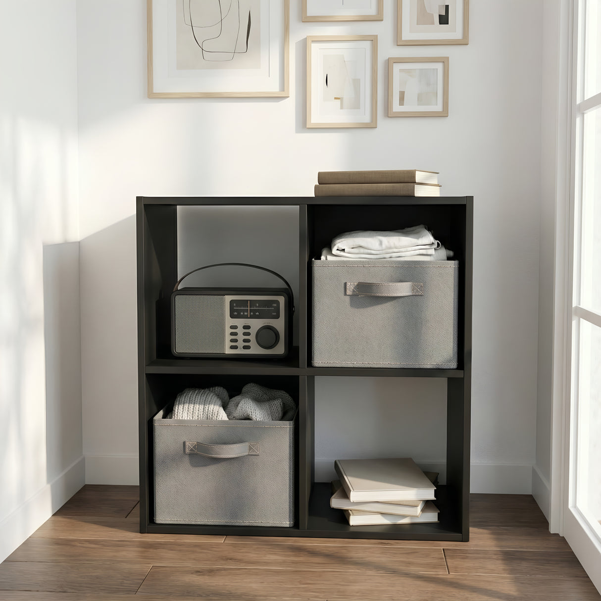Jane 2x2 Cube Storage Bookcase with Storage Boxes – Black or Oak