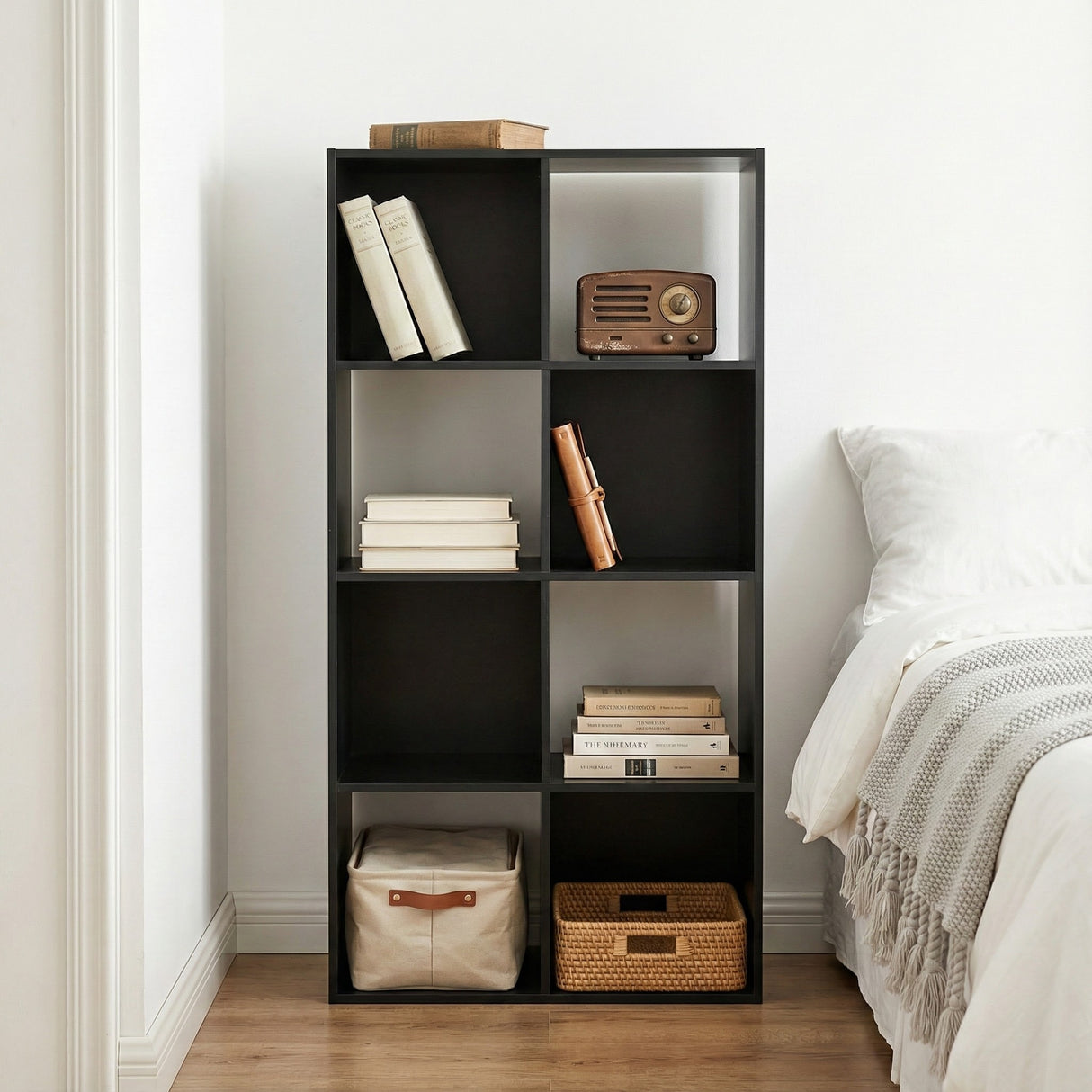 Jane - 4x2 Bookcase - Cube storage boxes (Black or Oak)