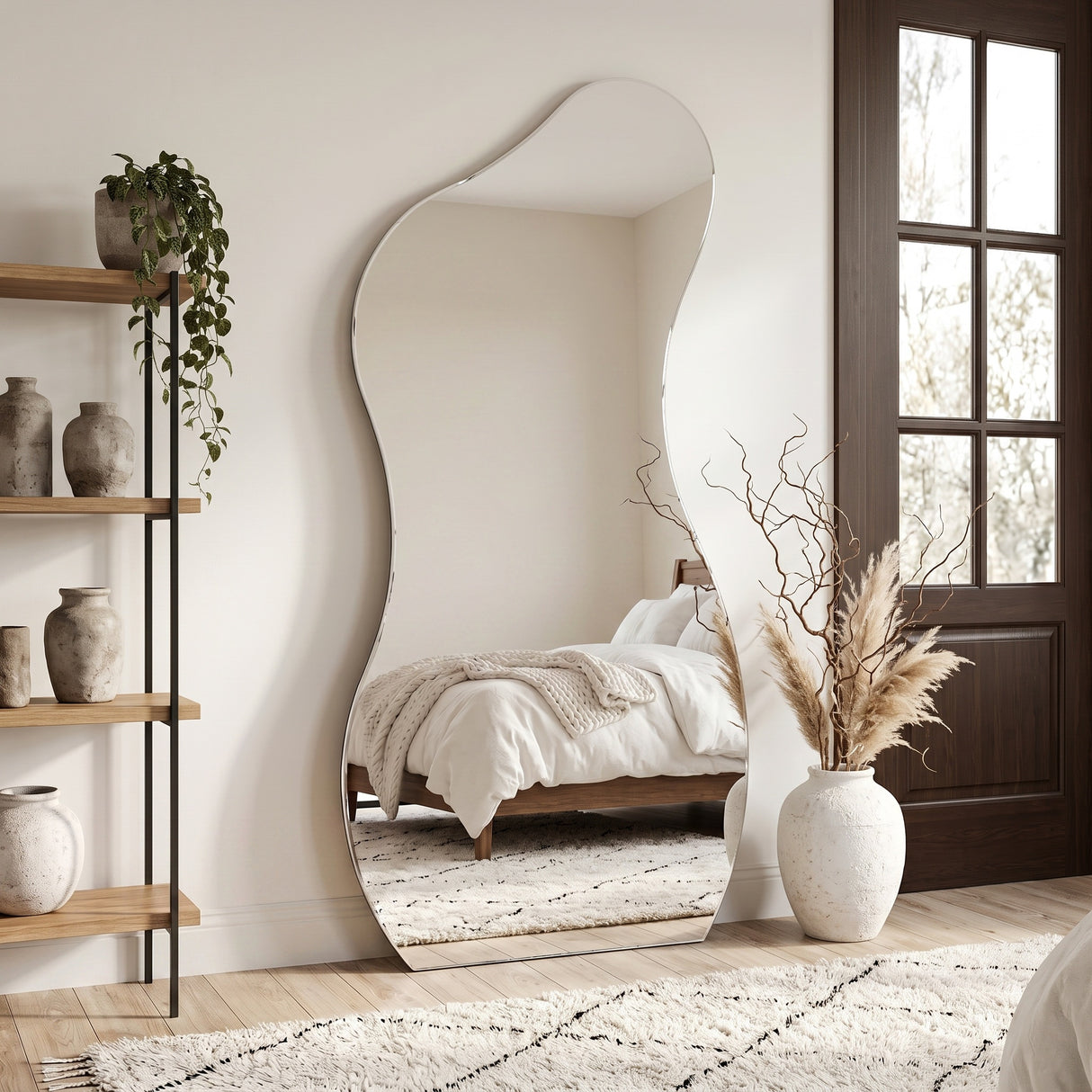 Lesina Frameless Full Length Pond Mirror styled in a bright bedroom with shelving and decorative accessories.