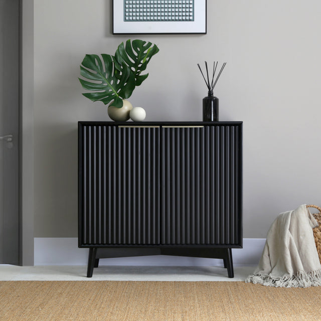 Black Monza 2 Door Sideboard with Fluted Panels styled with plants and decorative accessories in a modern room.