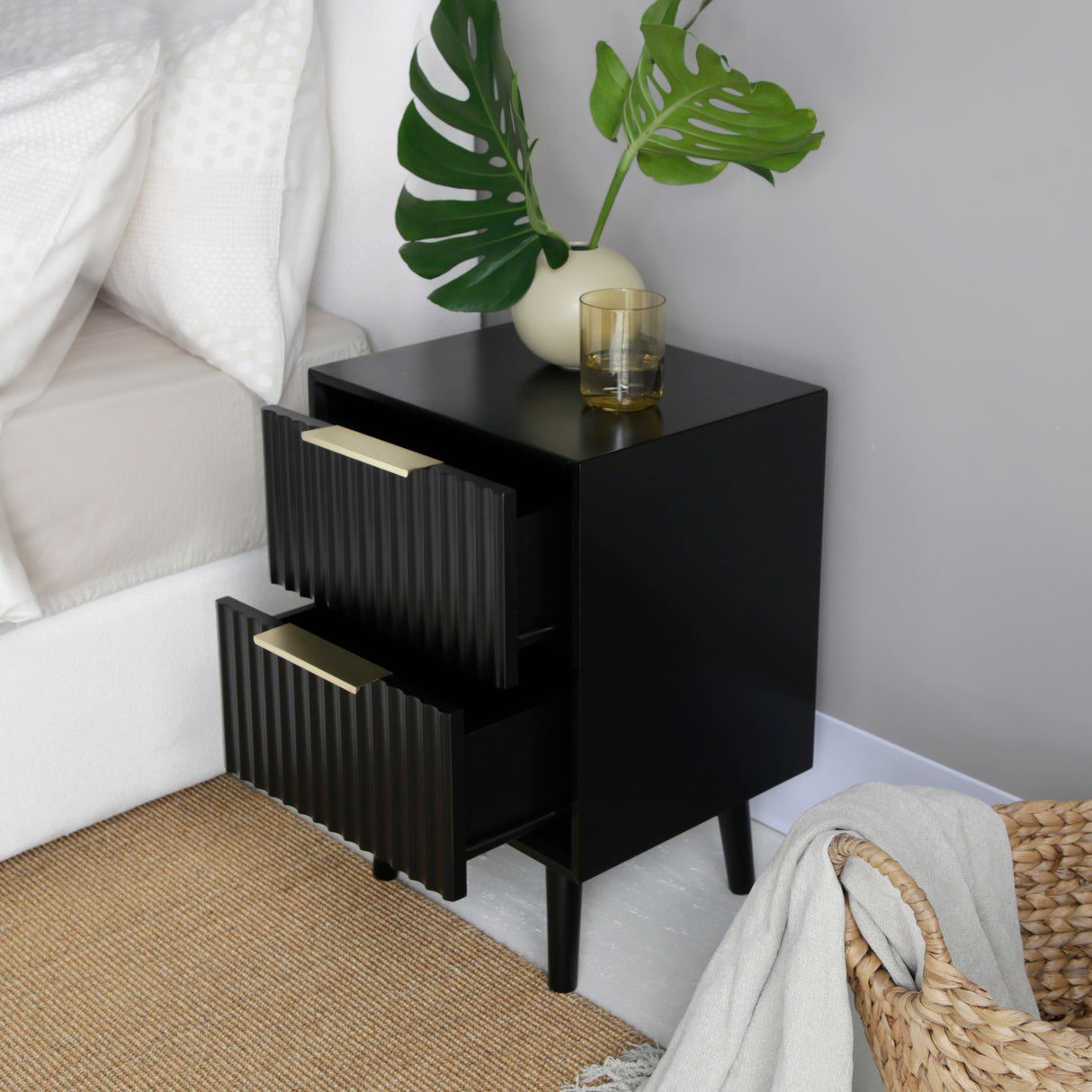 Monza – 2 Drawer Bedside Table with Fluted Front – Black or Grey
