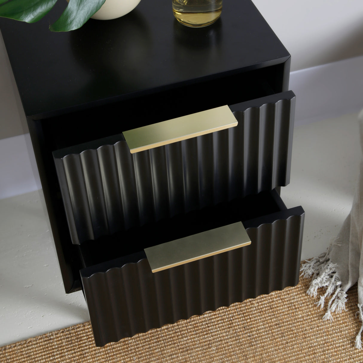 Monza – 2 Drawer Bedside Table with Fluted Front – Black or Grey