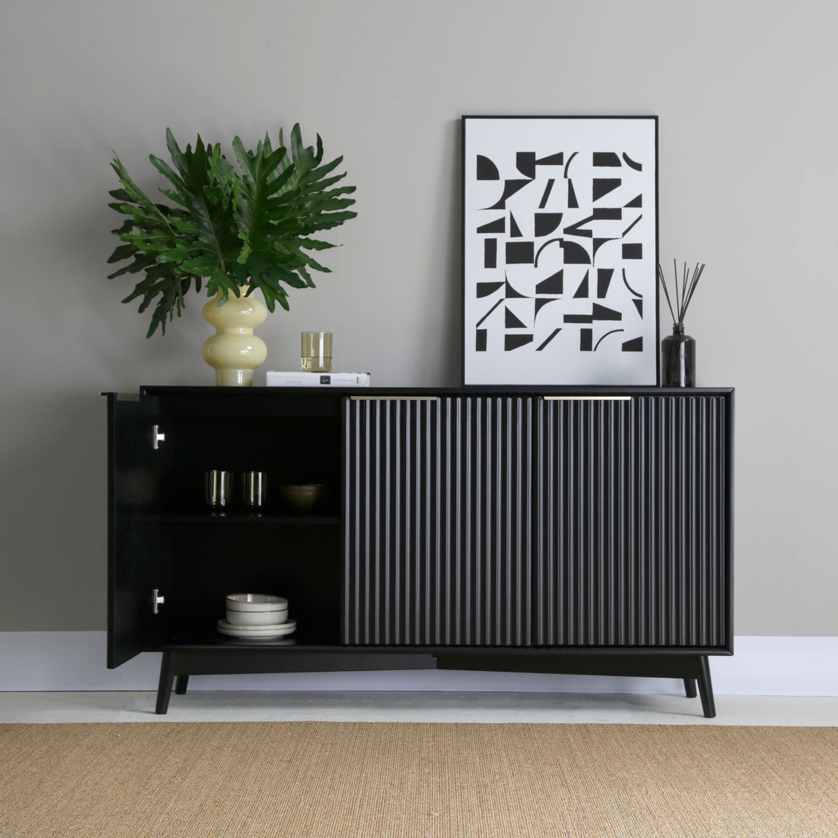 Monza – 3 Door Sideboard with Fluted Detailing – Black or Pale Ash