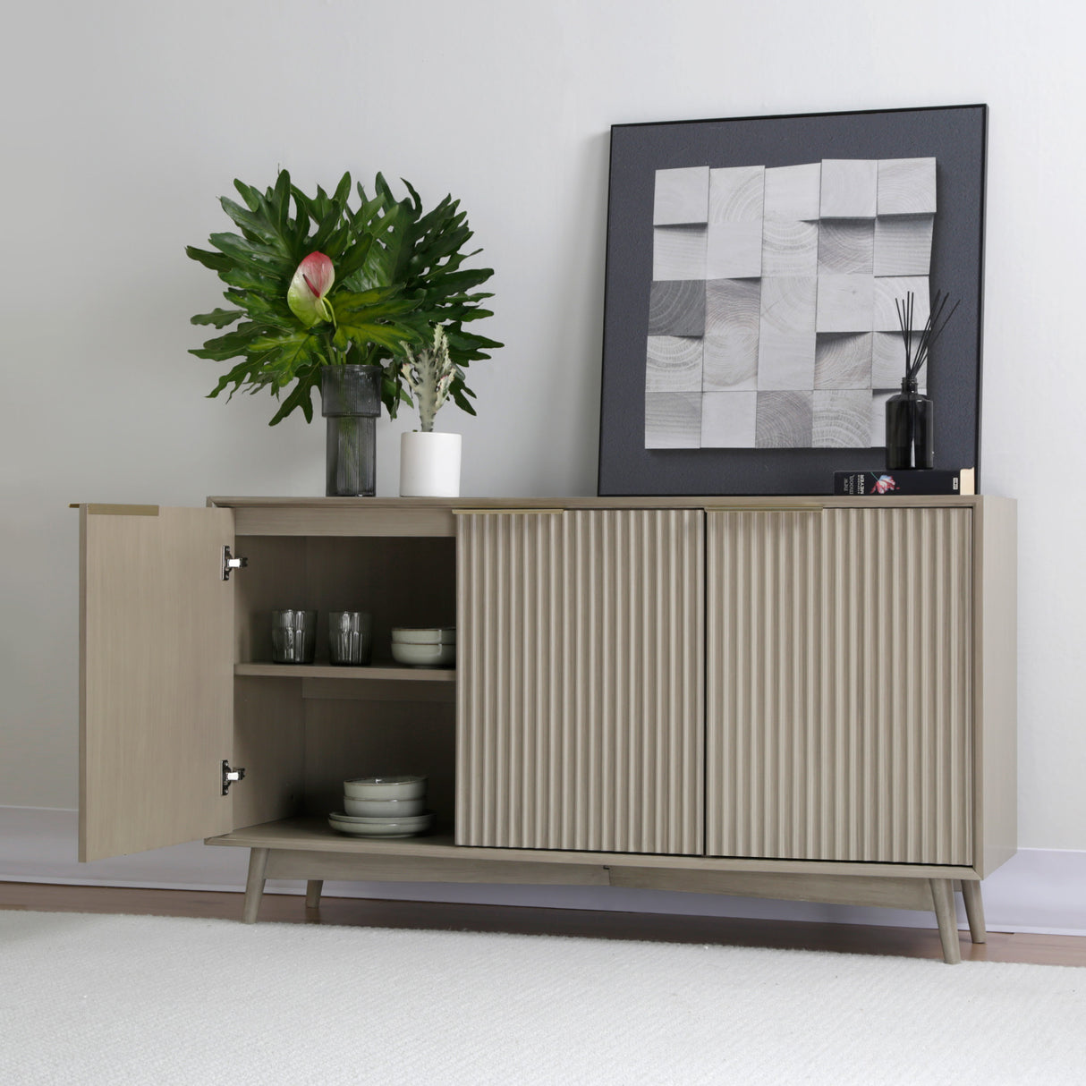 Monza – 3 Door Sideboard with Fluted Detailing – Black or Pale Ash
