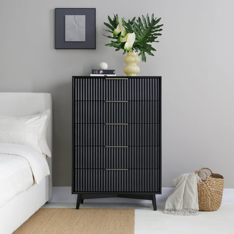 Monza – Tall Chest of 5 Drawers with Fluted Detailing – Black or Grey
