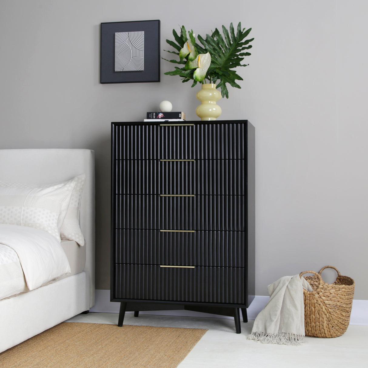 Monza – Tall Chest of 5 Drawers with Fluted Detailing – Black or Grey