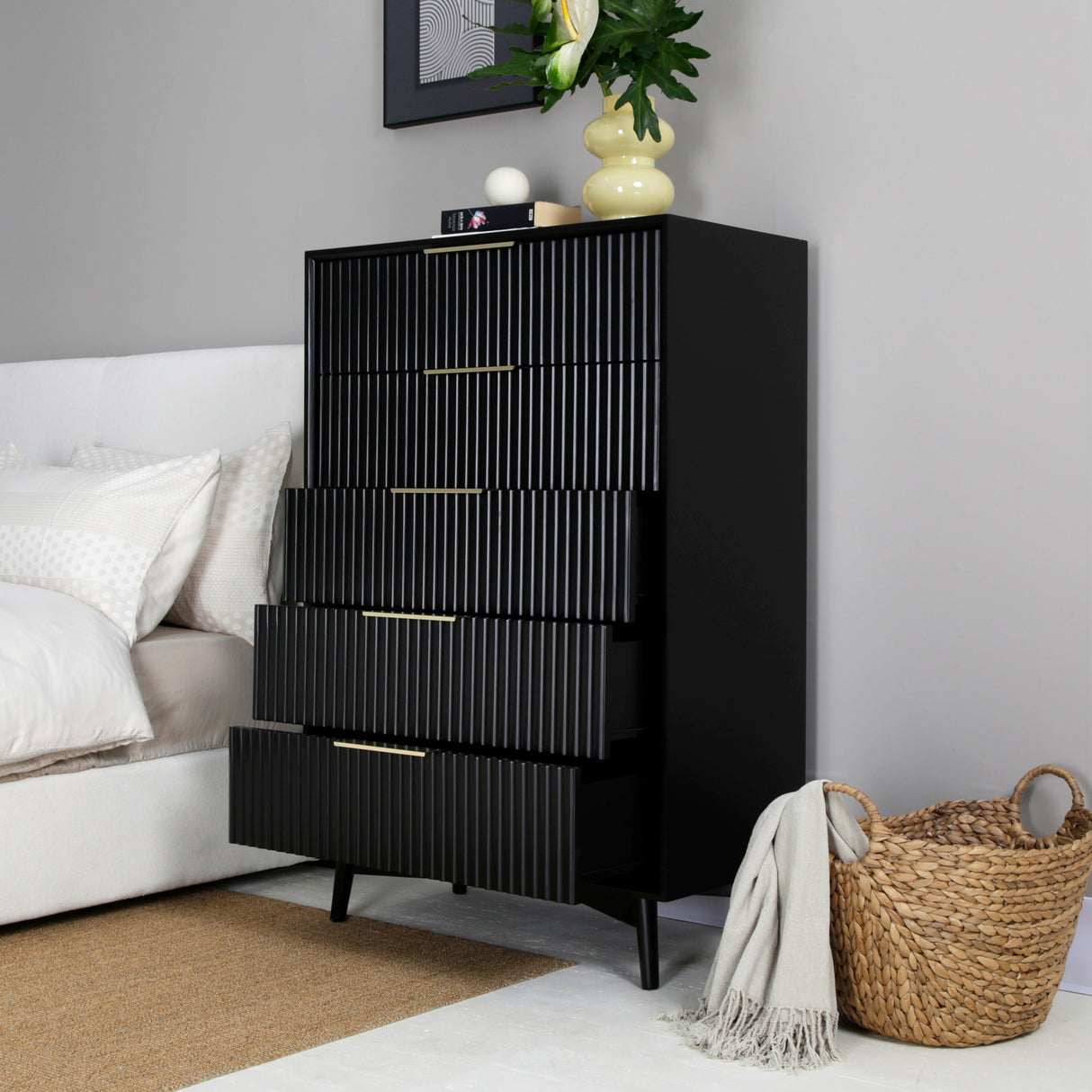 Monza – Tall Chest of 5 Drawers with Fluted Detailing – Black or Grey