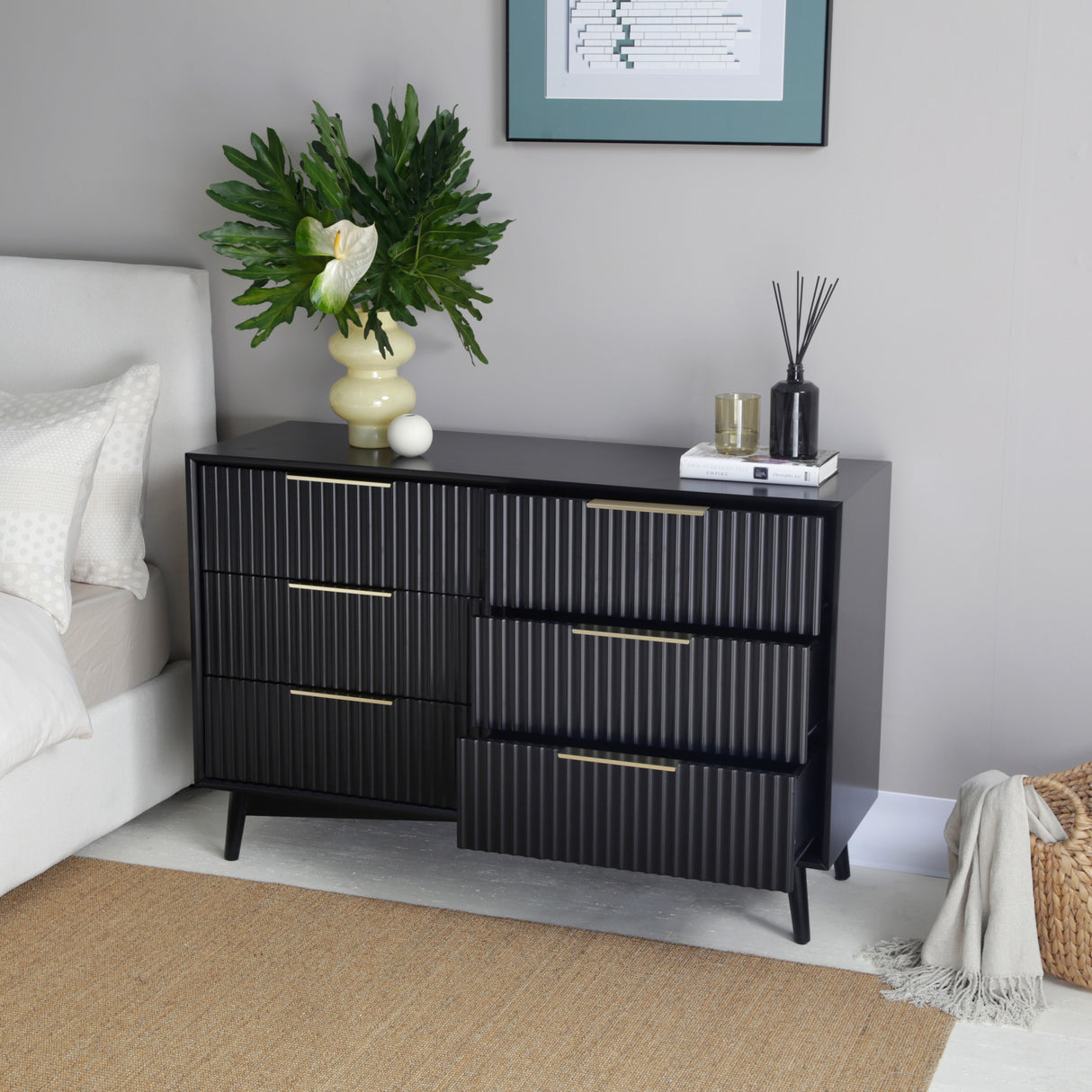 Monza – 6 Chest of Drawer with Fluted Front – Black or Grey