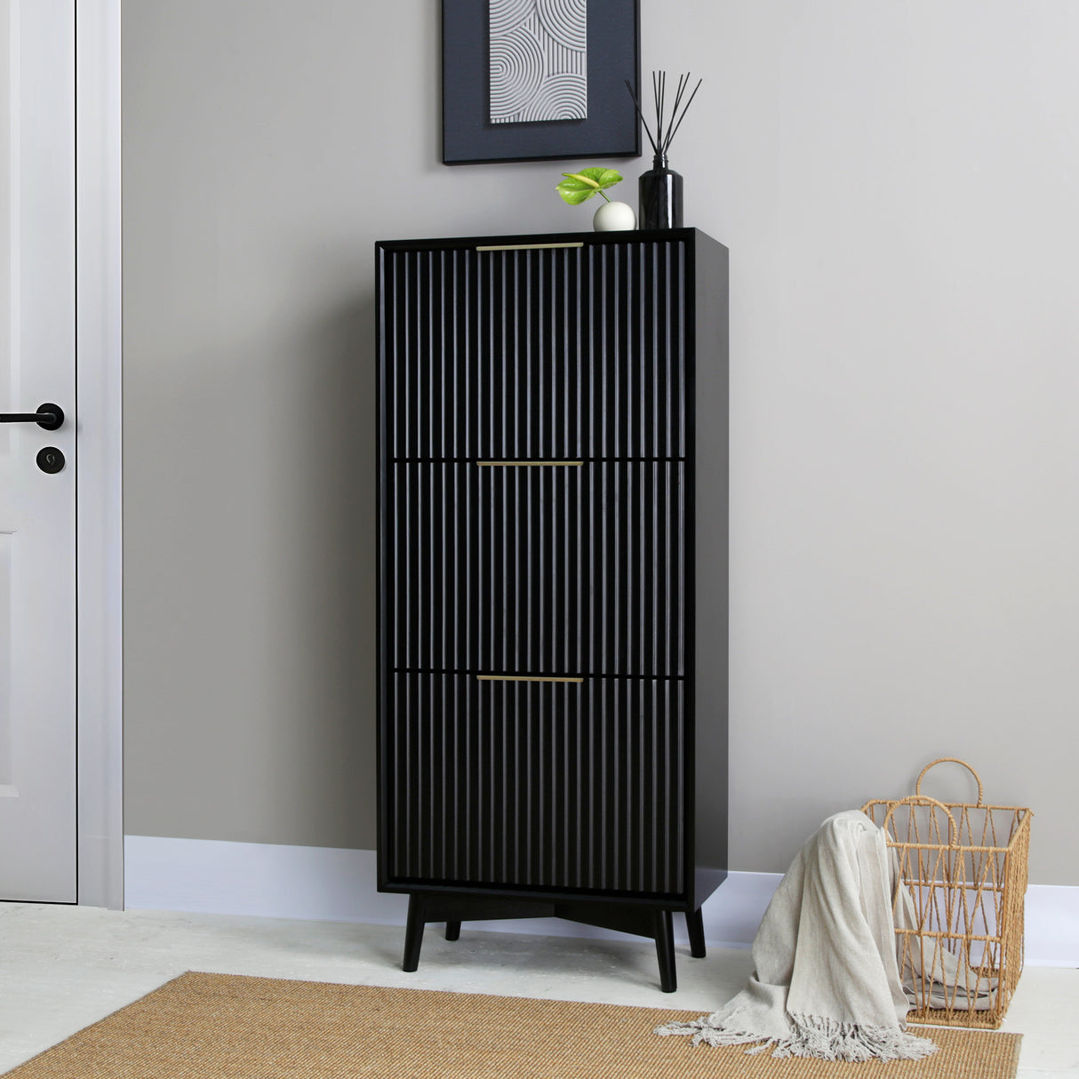 Monza – Shoe Storage Cabinet with Fluted Doors – Black or Grey