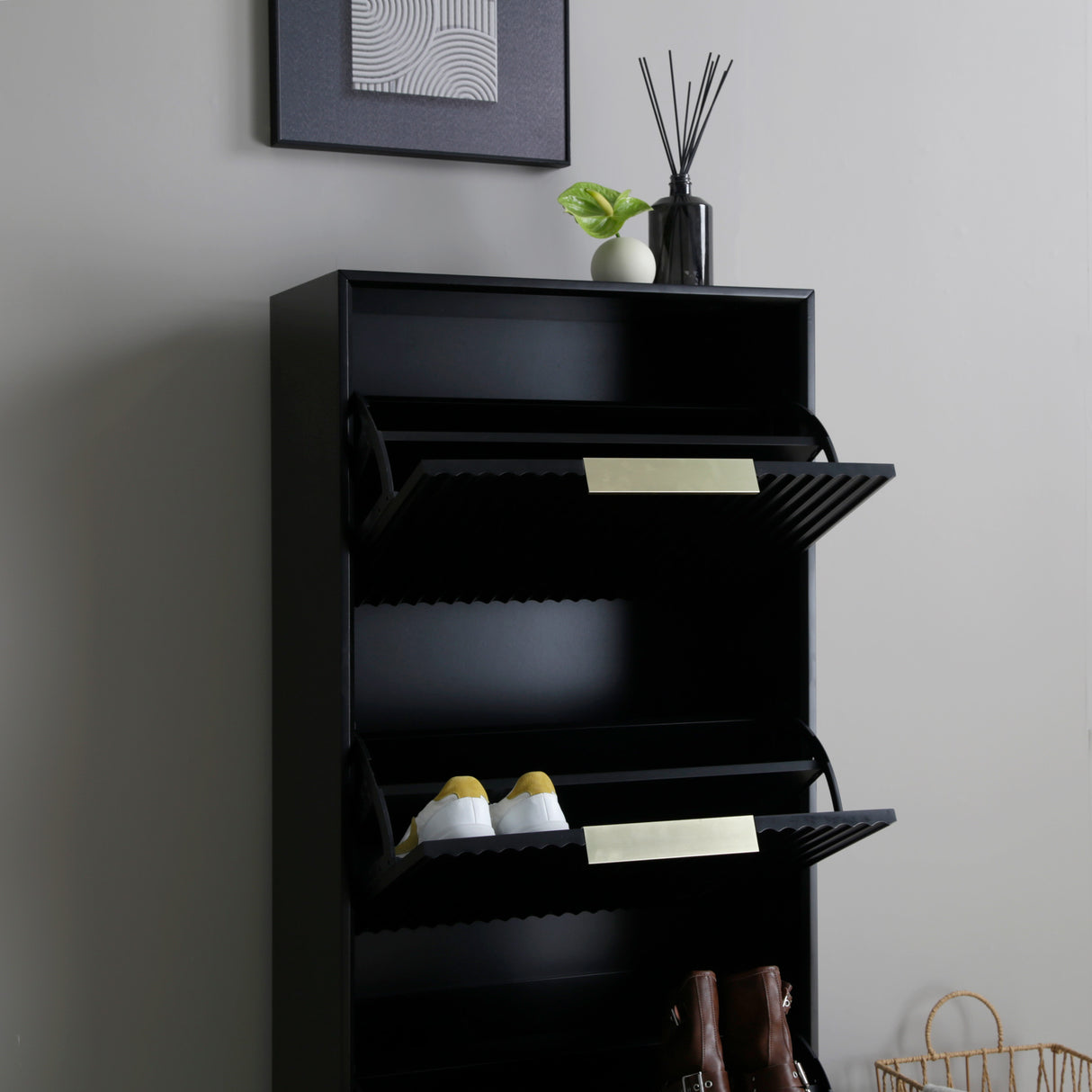Monza – Shoe Storage Cabinet with Fluted Doors – Black or Grey