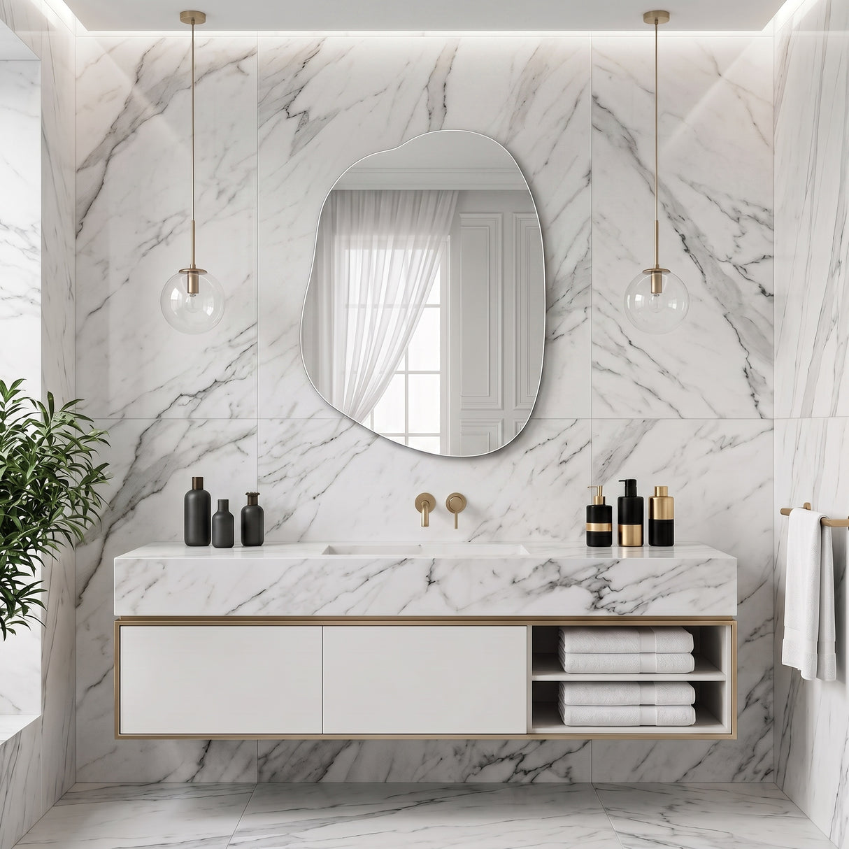 Nemi Frameless Irregular Pond Wall Mirror styled above a modern bathroom vanity