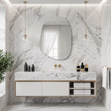Nemi Frameless Irregular Pond Wall Mirror styled above a modern bathroom vanity