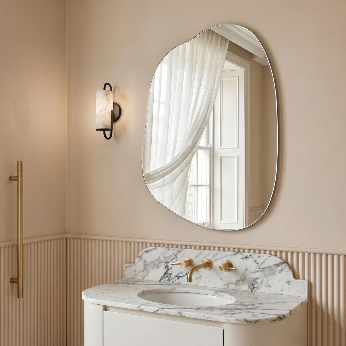 Nemi Frameless Irregular Pond Wall Mirror styled above a marble bathroom vanity