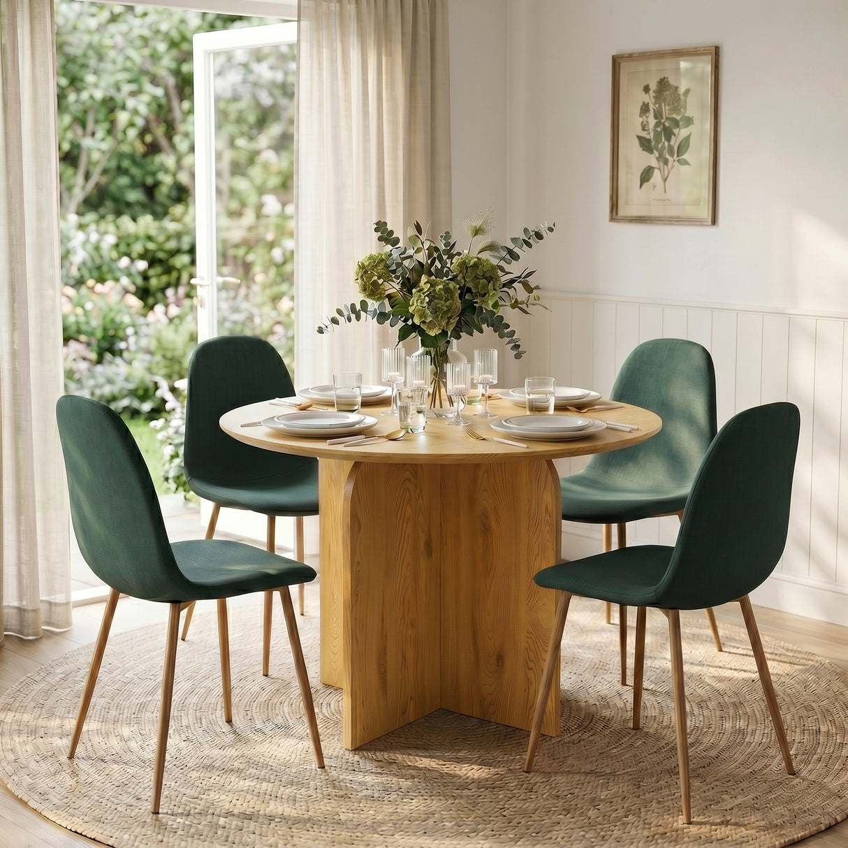 NYX Round Dining Set – Wood-Effect Table with 4 Linen Upholstered Chairs