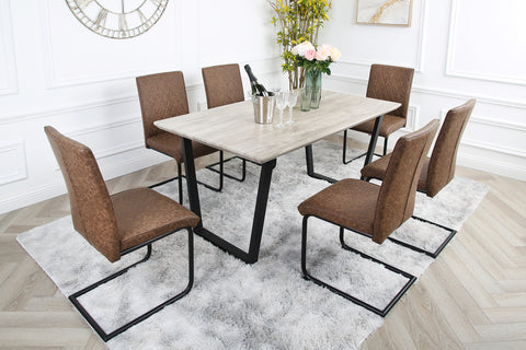 Nestor Dining Set - Wood-Effect Table with 6 Industrial Chairs