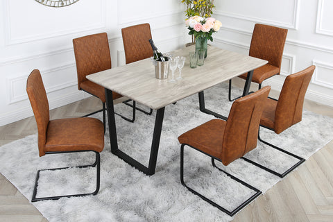 Nestor Dining Set - Wood-Effect Table with 6 Industrial Chairs