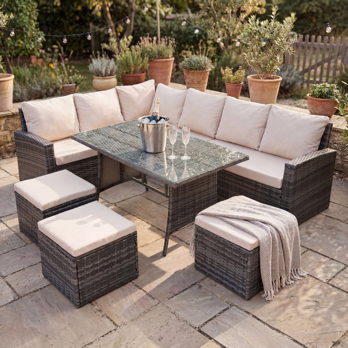 Pelias - Rattan Corner Sofa & Dining Set - 8 Seater