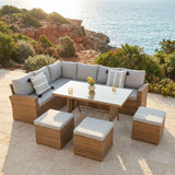 Pelias Rattan Garden Corner 8 Seater Outdoor Sofa Dining Set - Natural/Brown