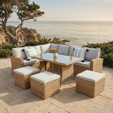Outdoor patio set with table and chairs by the ocean