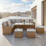 Pelias Rattan Garden Corner 8 Seater Outdoor Sofa Dining Set - Natural/Brown