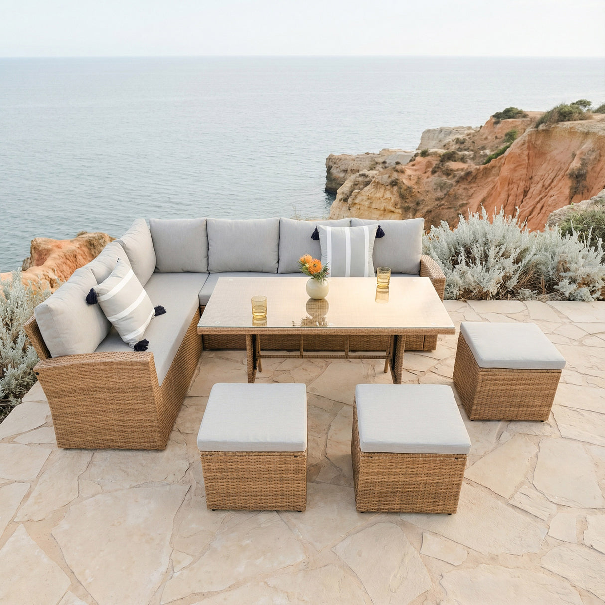 Pelias Rattan Garden Corner 8 Seater Outdoor Sofa Dining Set - Natural/Brown