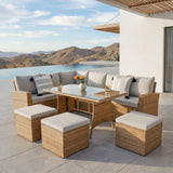 Pelias Rattan Garden Corner 8 Seater Outdoor Sofa Dining Set - Natural/Brown