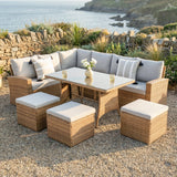 Pelias Rattan Garden Corner 8 Seater Outdoor Sofa Dining Set - Natural/Brown