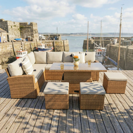 Pelias Rattan Garden Corner 8 Seater Outdoor Sofa Dining Set with Rising Table - Natural/Brown
