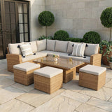 Pelias Rattan Garden Corner 8 Seater Outdoor Sofa Dining Set with Rising Table - Natural/Brown