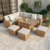 Pelias Rattan Garden Corner 8 Seater Outdoor Sofa Dining Set with Rising Table - Natural/Brown