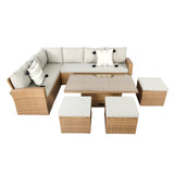 Pelias Rattan Garden Corner 8 Seater Outdoor Sofa Dining Set with Rising Table - Natural/Brown