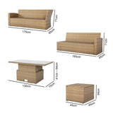 Dimensions of outdoor furniture set including two sofas, a table, and a storage box.