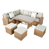 Pelias Rattan Garden Corner 8 Seater Outdoor Sofa Dining Set - Natural/Brown