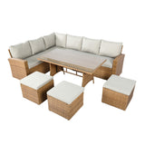 Pelias Rattan Garden Corner 8 Seater Outdoor Sofa Dining Set - Natural/Brown