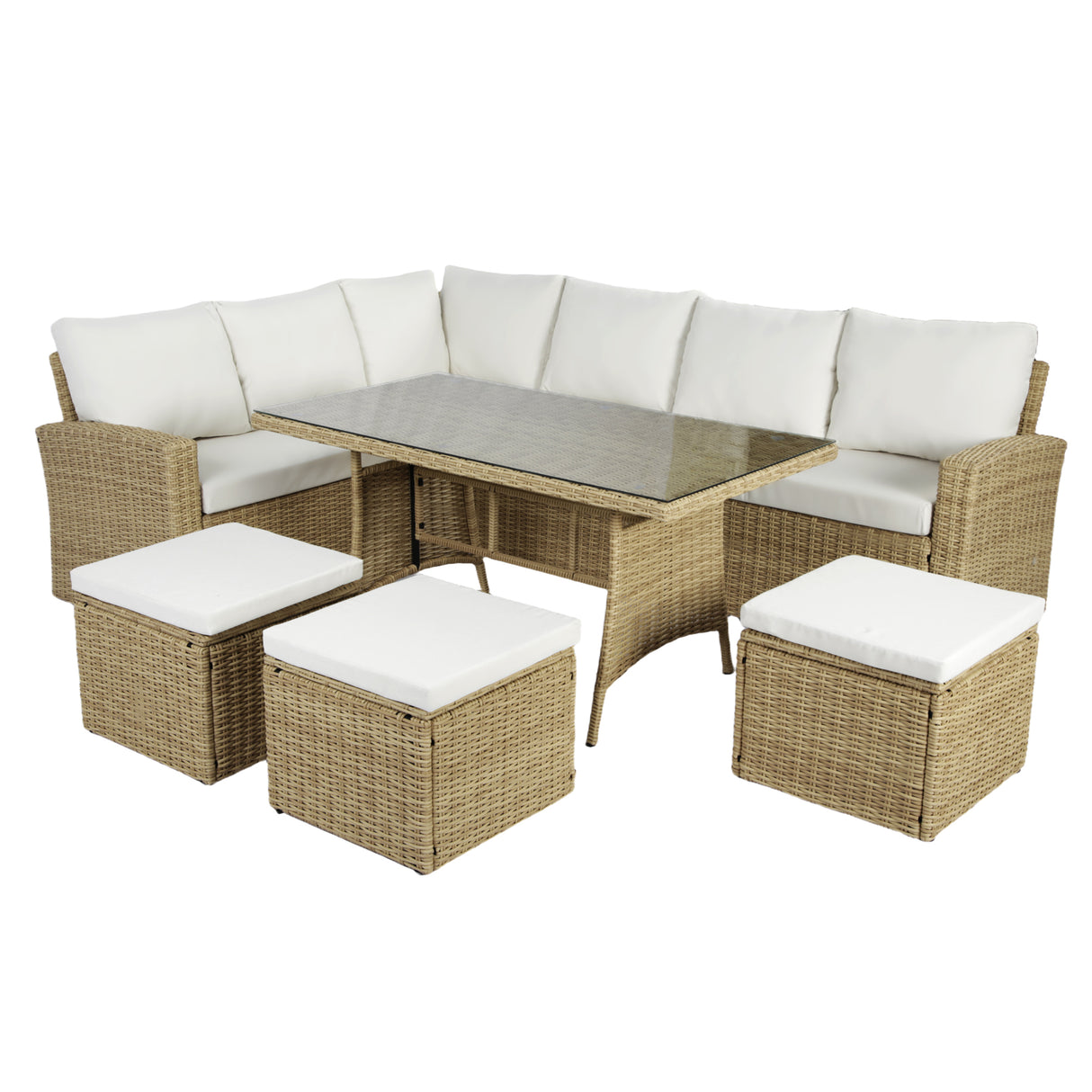 Pelias Rattan Garden Corner 8 Seater Outdoor Sofa Dining Set - Natural/Brown