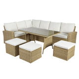Pelias Rattan Garden Corner 8 Seater Outdoor Sofa Dining Set - Natural/Brown
