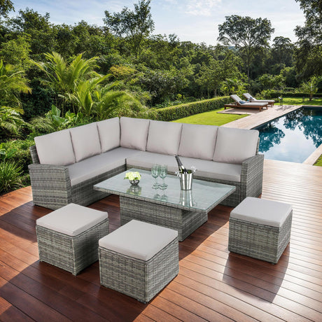 Pelias - Rattan Corner Sofa Set with Rising Table - 8 Seats