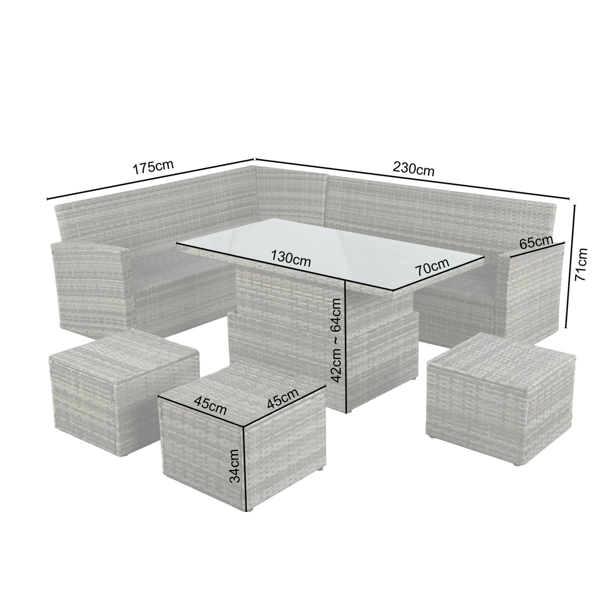 Pelias - Rattan Corner Sofa Set with Rising Table - 8 Seats