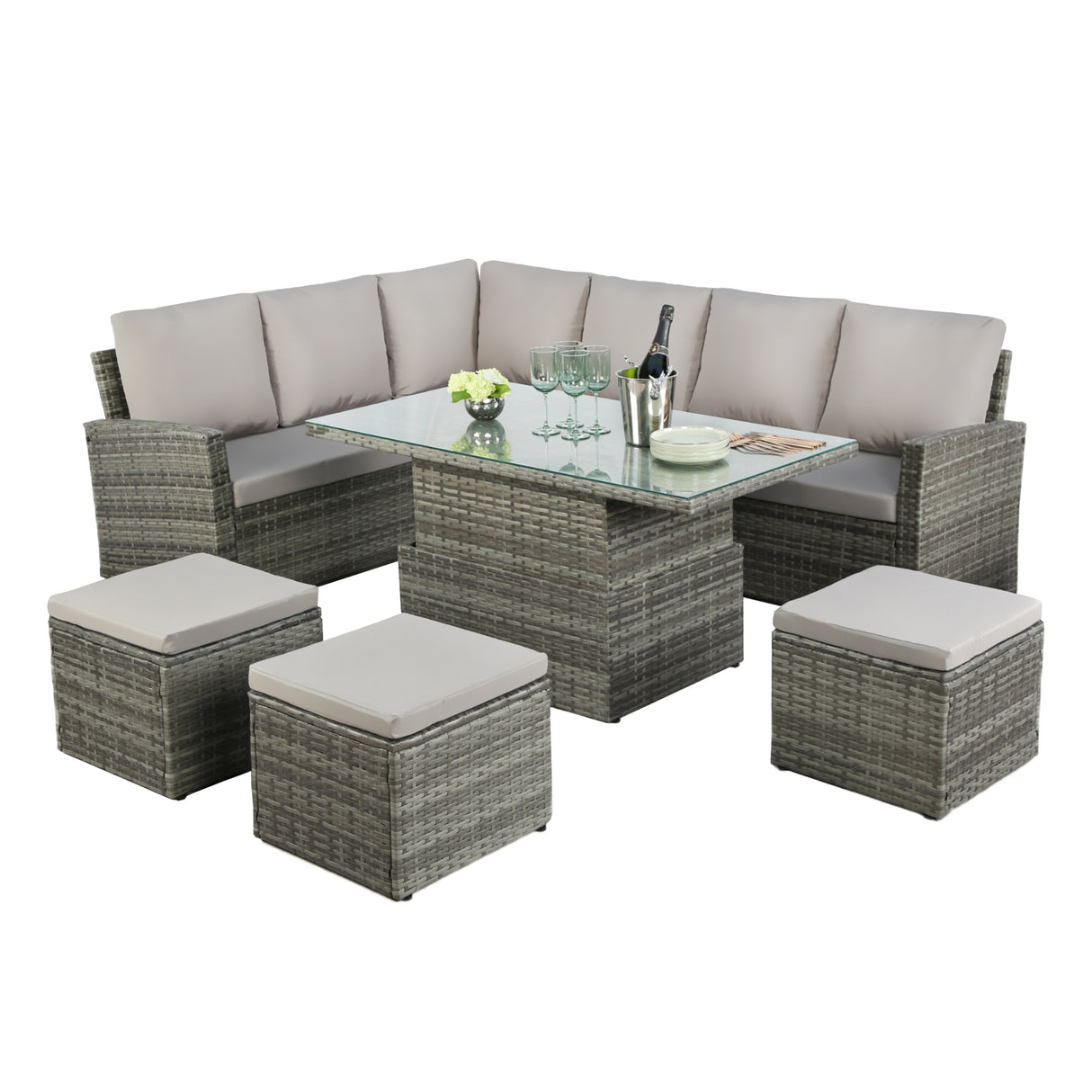Pelias - Rattan Corner Sofa Set with Rising Table - 8 Seats