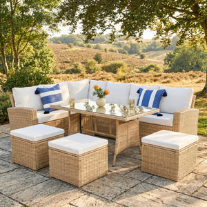 Pelias - Rattan Garden Corner 8 Seater Outdoor Sofa Dining Set - Natural/Brown