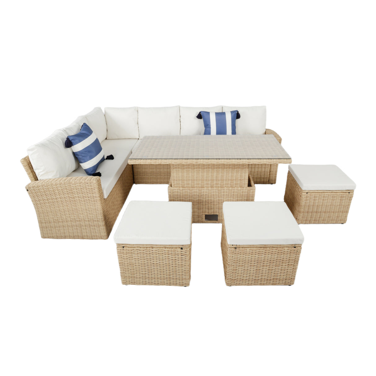 Pelias Rattan Garden Corner 8 Seater Outdoor Sofa Dining Set with Rising Table - Natural/Brown